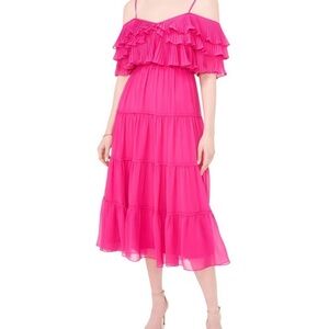 CeCe Vibrant Pink Tiered Midi Dress